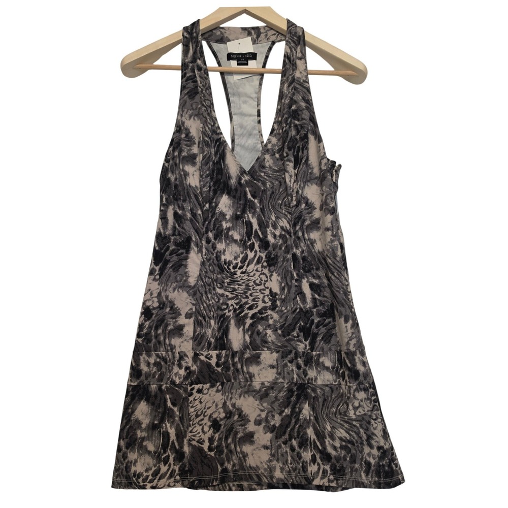 Silence + Noise Marble Animal Print Racerback V-Neck Mini Dress Gray Black Large